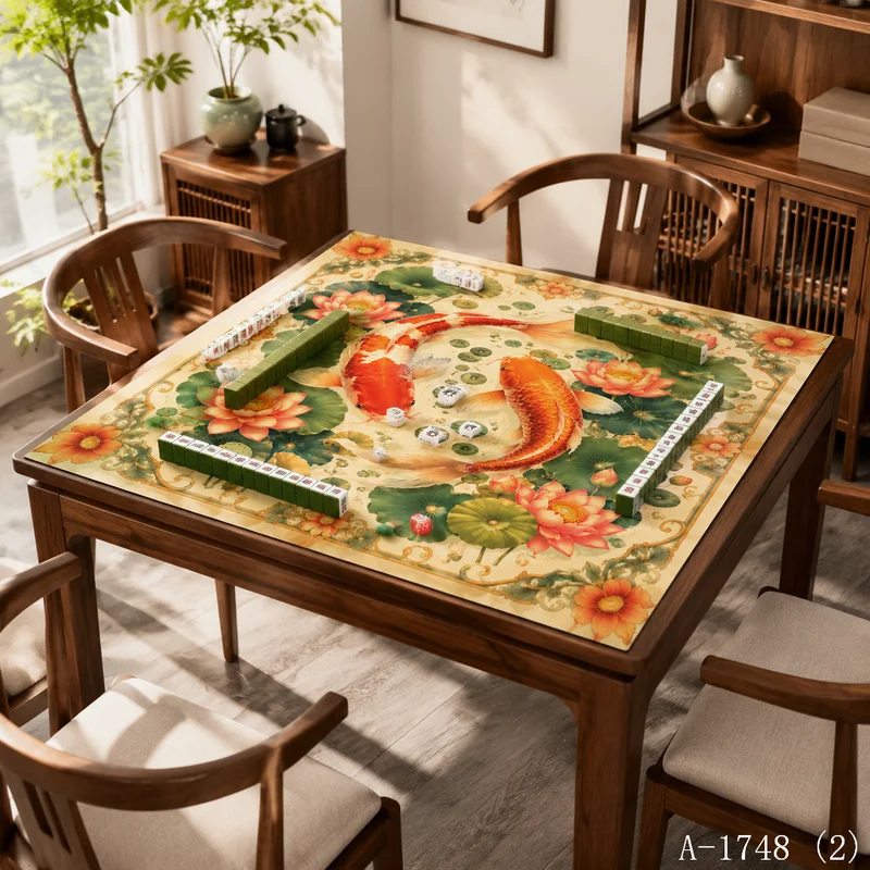 VIKAMA Red Plum Koi Fish Mahjong Table Mat Non Slip Square Game Pad Oriental Chinese Style Game Table Cover