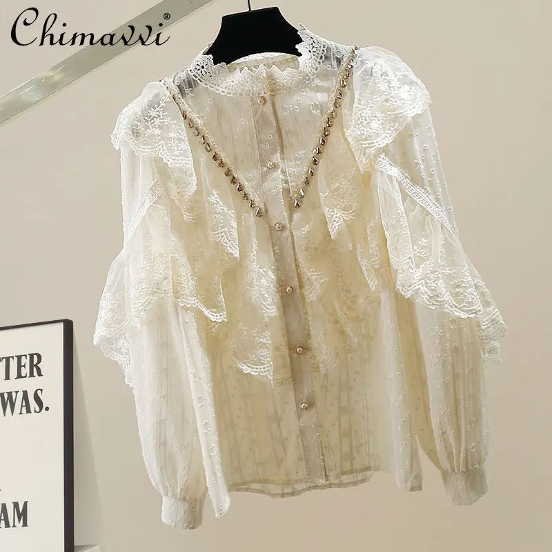 

Fashion Heavy Court Style Lace Patchwork Ruffled Stand Collar Chiffon Blouse Women French Style Elegant Long Sleeve Top Spring