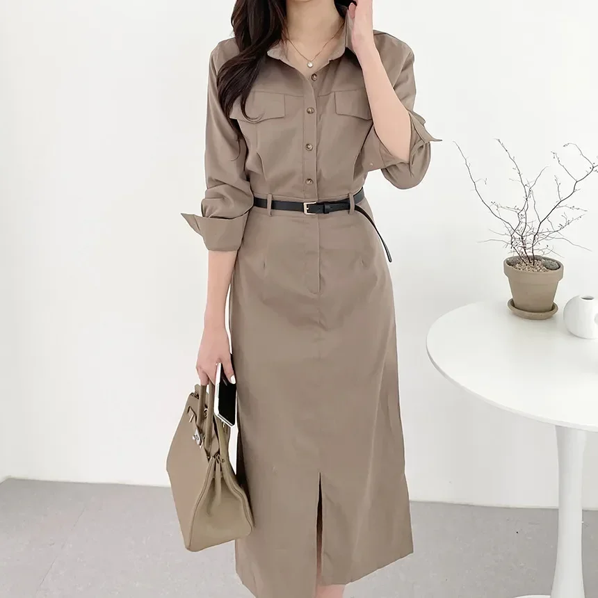 REALEFT Autumn Winter Vintage Women\'s Straight Midi Dresses with Belted 2024 New Long Sleeve Single Breasted Shirt Dress Female