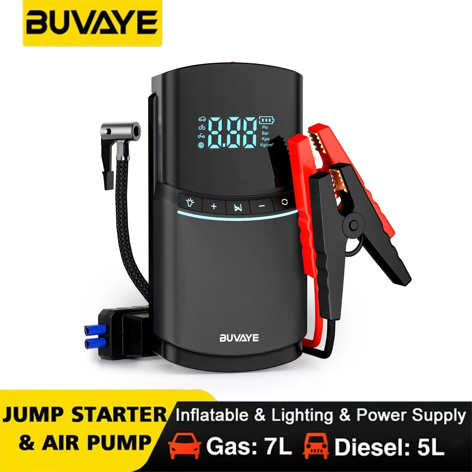 

BUVAYE Car Jump Starter with Air Compressor 150PSI Tire Inflatable Pump Power Bank Battery Booster 12V Digital Auto Inflator