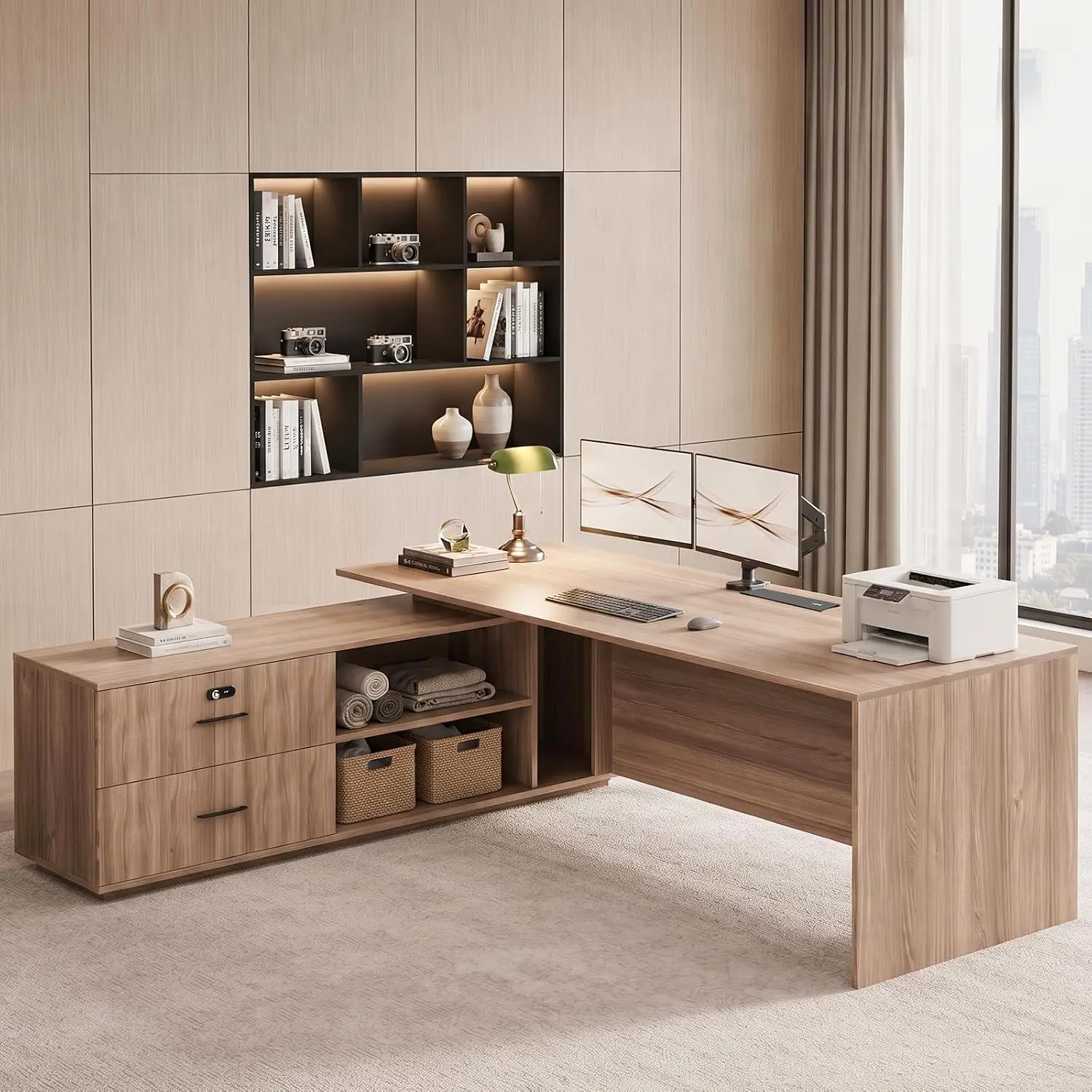 L-Shaped Desk with Reversible Storage, Reception Desk with AC & USB, Workstation with Lock & Cable for Office Customized
