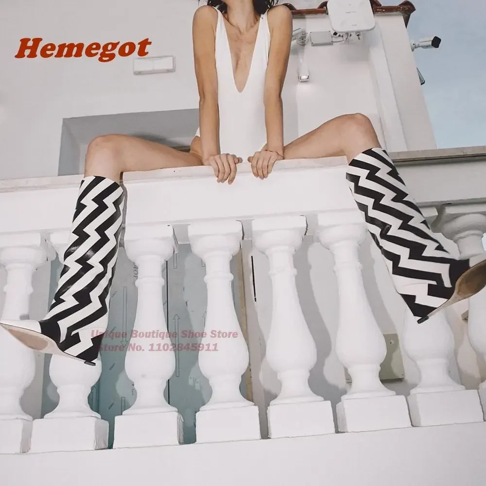 Zebra Pattern Pointy Toe Wedges Boots Slip On Knee High Boots for Women Winter 2024 Newest Luxury Casual Shoes Warm Softwear