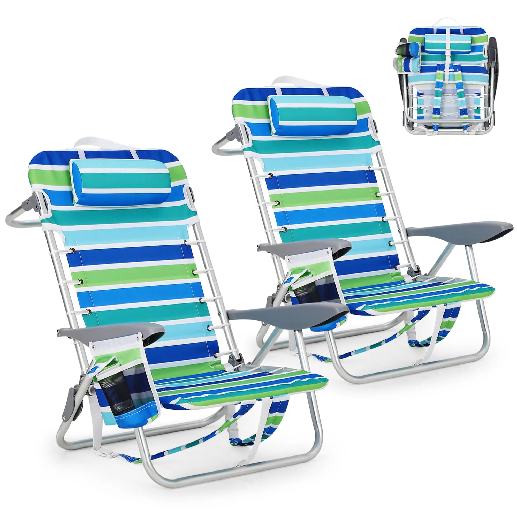 Chaise de plage portable avec sac à dos, lot de 2, 5 positions inclinables, chaise longue pliante d'extérieur avec sangles de sac à dos, porte-gobelet pour le camping et la plage
