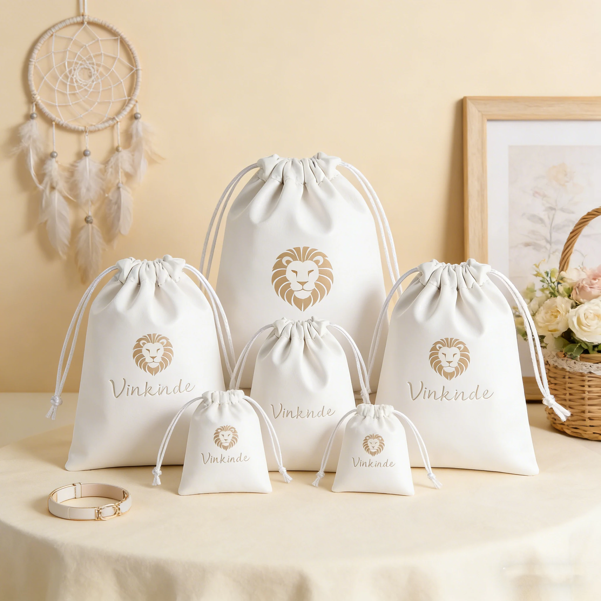 

50 шт./лот, роскошные белые мешочки из ПУ с индивидуальным логотипом на шнурке для париков, сумок, обуви, головных уборов, подарочной упаковки, свадебных сувениров, мешки для хранения