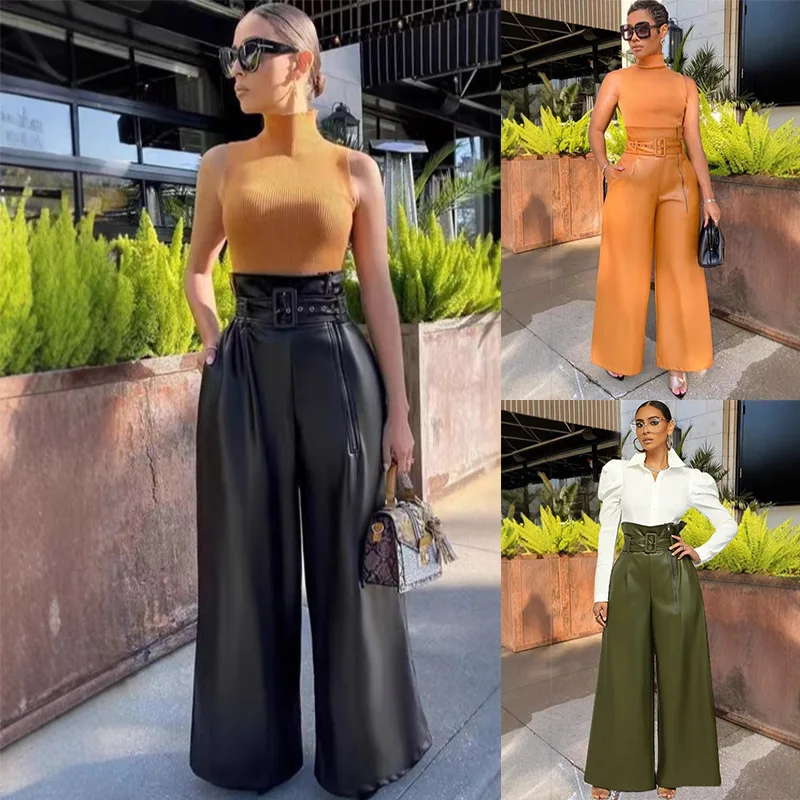 

Fashion women Europe and the United States high waist PU flared leather pants INS wind nightclub metal belt wide-leg pants