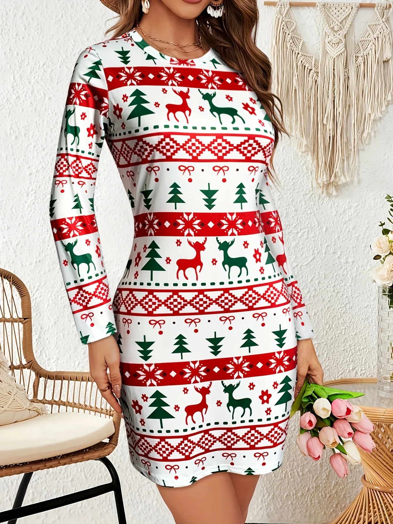 Outono/inverno Natal manga comprida feminino slim fit abraçando a quadril vestido