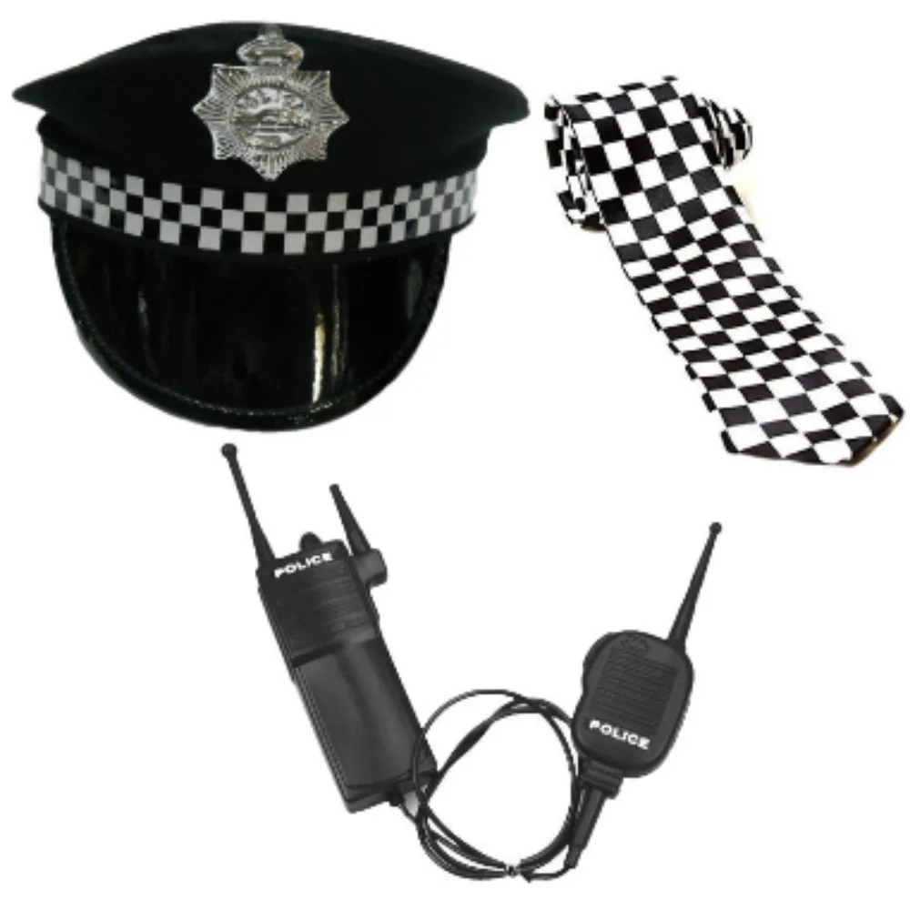 

PESENAR Police Dress Up Accessories Three-Piece Plastic Walkie Talkie Props Black and White Checked Tie Police Hat