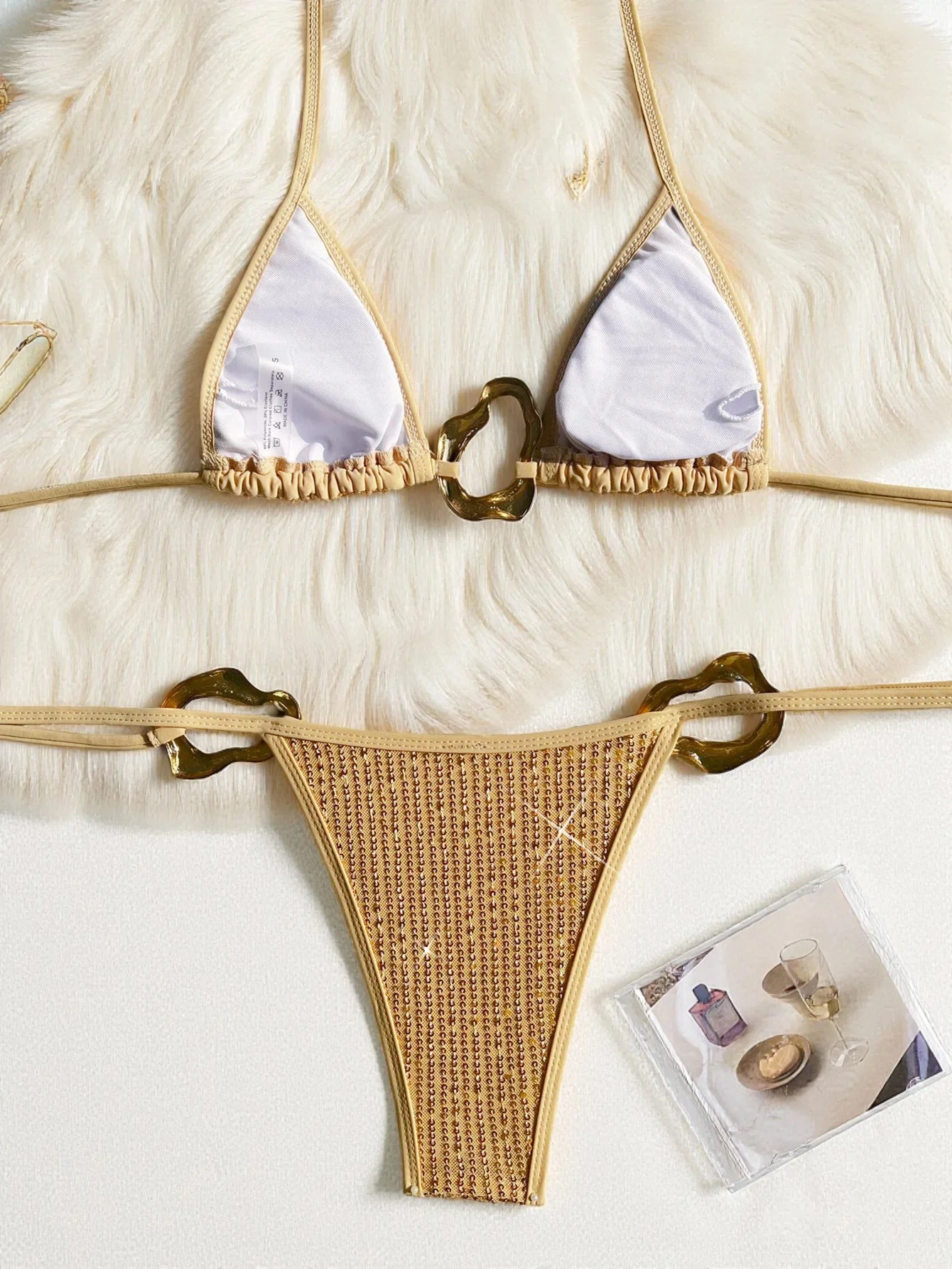 Sexy Triangle Push Up Bikini Glitter Swimwear Women Blingbling Ring Linked Bathing Suit Side String Two Piece Swimsuit Biquini