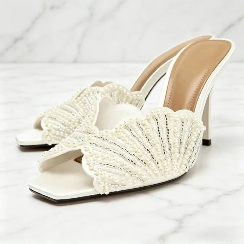 Summer 2026 String Bead Backless Heels Sandals Women Fashion Stiletto Heels Slippers Square Toe Mules Luxury Designer Shoes