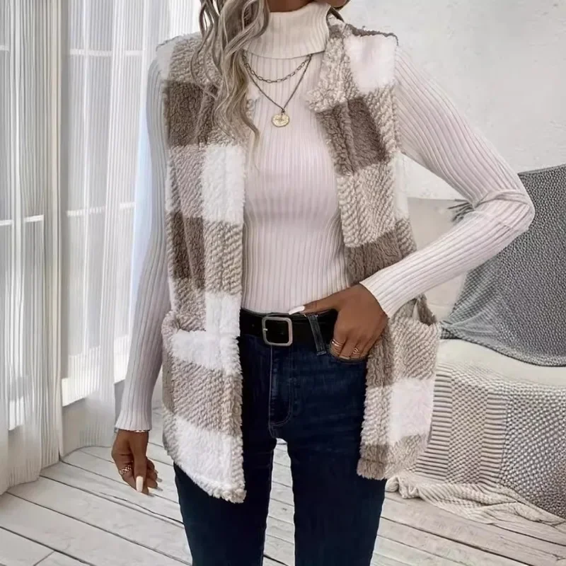 Women's Vest Casual Warm Plaid Printed Front Open Vest Coat Sleeveless Wool Jacket Pockets  Moletom Feminino  Blusas Tricot