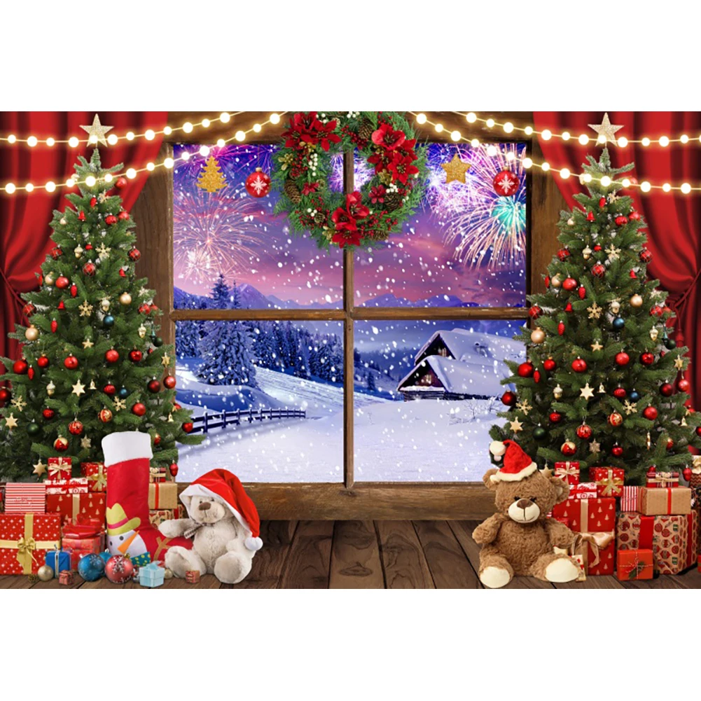 Winter Window Merry Christmas Backdrop Photography Xmas Tree Background Party Decor Baby Portrait Photographic Prop Photo Studio