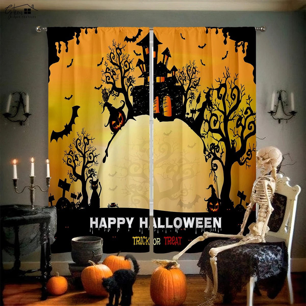 Blackout Curtains Halloween Cartoon Print Curtains Suitable For Restaurant Living Room Holiday Party Decoration Curtains 2 PCS