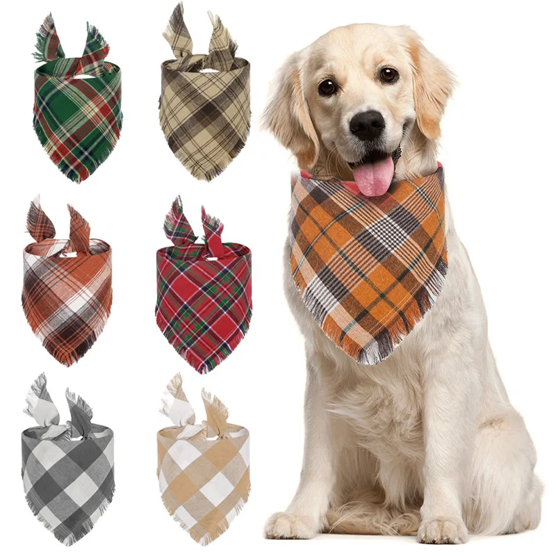 Double Pet Triangle Scarf Plaid Big Dog Bandanas for Medium Large Dogs Hound Golden Retriever Bibs mascotas Grooming Accessories