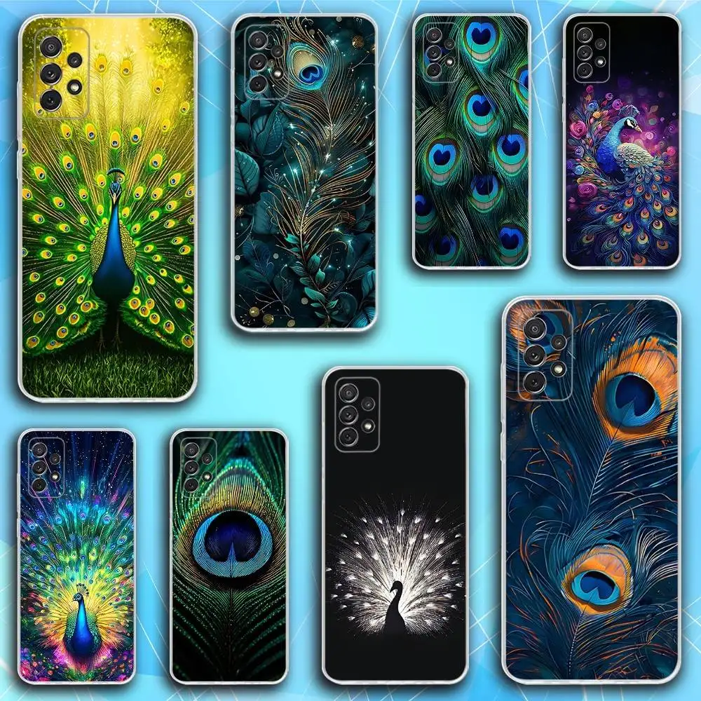 

P-Peacock Feather Phone Case For Samsung S30,23,21,22,20, FE lite,S10,9,8,7 PIus Note20ultra Soft Transparent