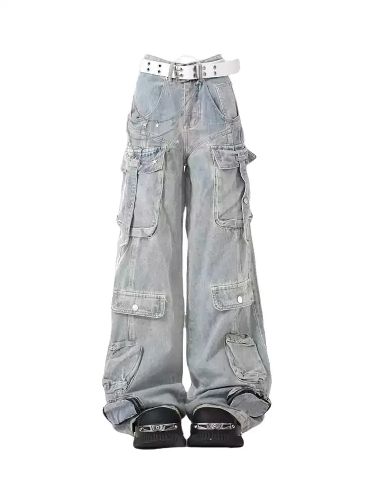 

Women's Blue Jeans Cargo Baggy Y2K Big Pocket Japanese Harajuku 2000s High Street Aesthetic Wide Leg Vintage Jeans Clothing 2025