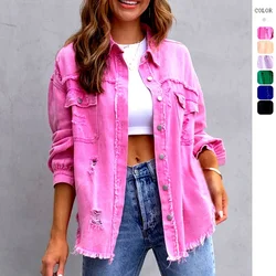 Women Fashion Pocket Hole Tassel Turndown Collar Denim Button Casual Boho Full Long Sleeve Spring Winter Cardigan Jacket Coats