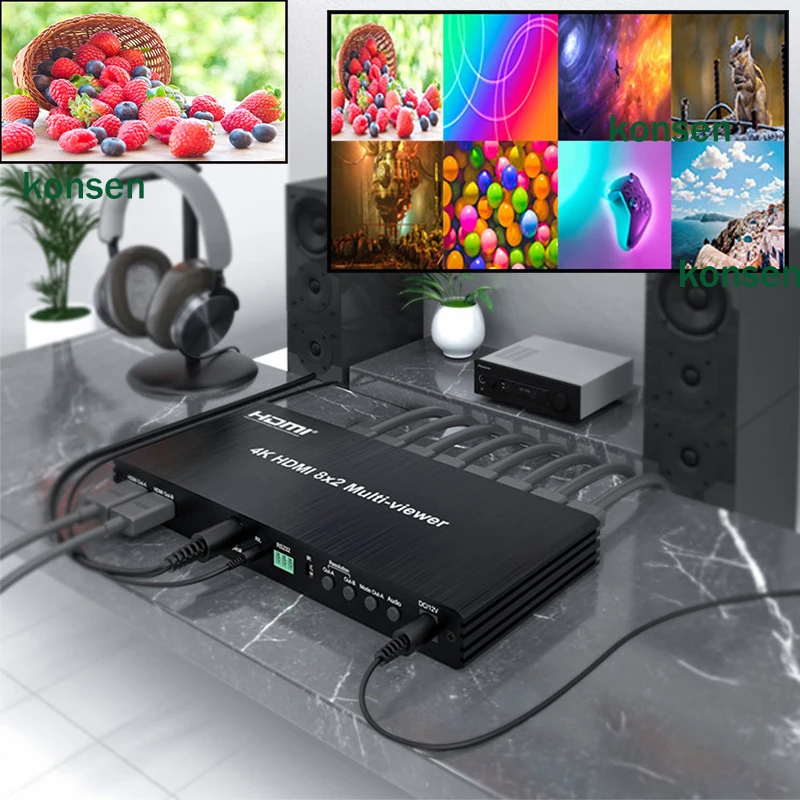 4K HDMI Multi Viewer 8x2 with PIP Dual Monitor HDMI Multiviewer Seamless Switcher 4 in 2 Out with Optical 3.5mm Audio Extractor