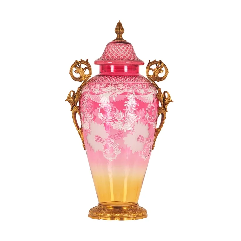 

The Pink Glass Pieces with Gold Colored Brass with Design Vase with lip for Living Room Home Decoration