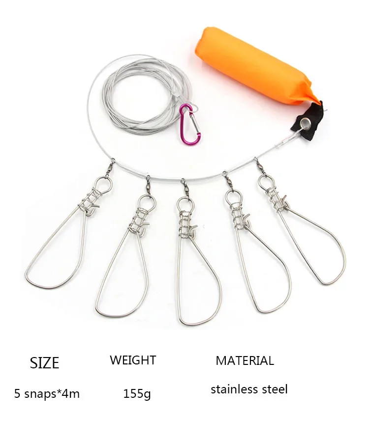 factory price 5 snaps new fishing accessories stainless steel fish wire rope lock live fish locker with bag