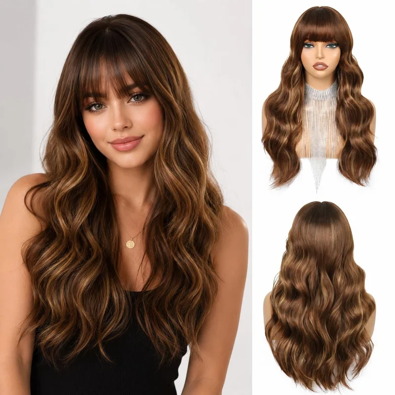Long Wavy Wig with Bangs for Women Ombre Brown with Caramel Highlights Curly ...
