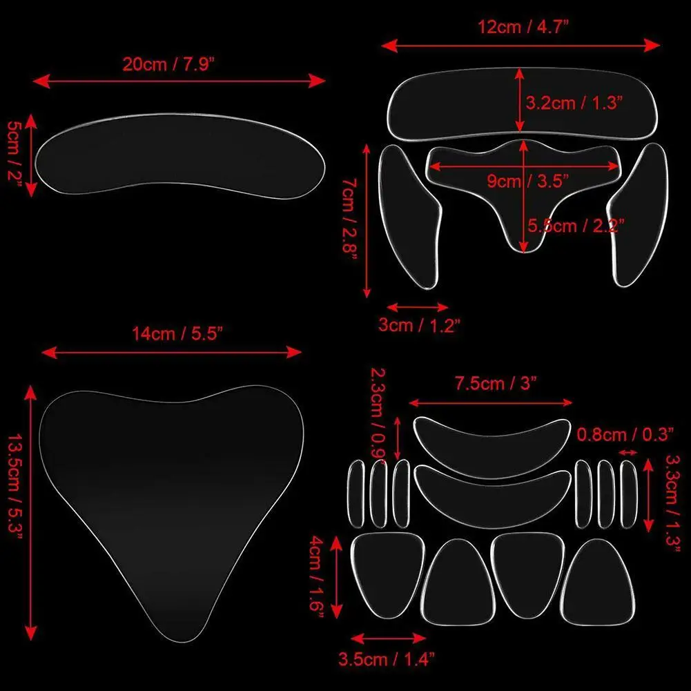 แผ่นซิลิโคนสำหรับหน้าอกแบบใช้ซ้ำได้ 18 ชิ้น แผ่นซิลิโคนสำหรับคอ แผ่นซิลิโคนสำหรับหน้าผาก แผ่นซิลิโคนสำหรับมาส์กหน้า แผ่นซิลิโคนสำหรับแก้ม ตา และช่วงอก