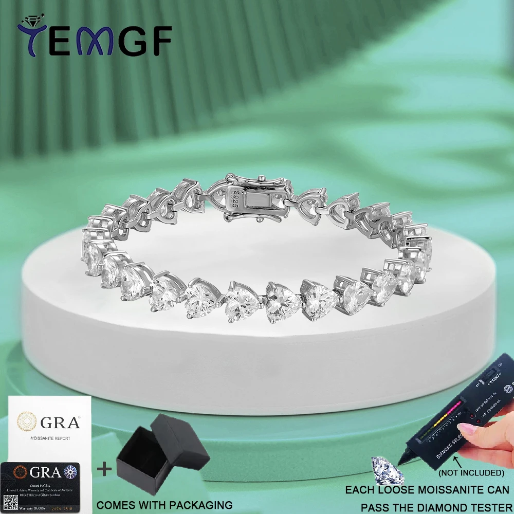 

TEMGF Full 6mm Heart Cut Moissanite Bracelet 925 Sterling Silver Luxury Jewelry With GRA for Women Wedding Anniversary Love Gift