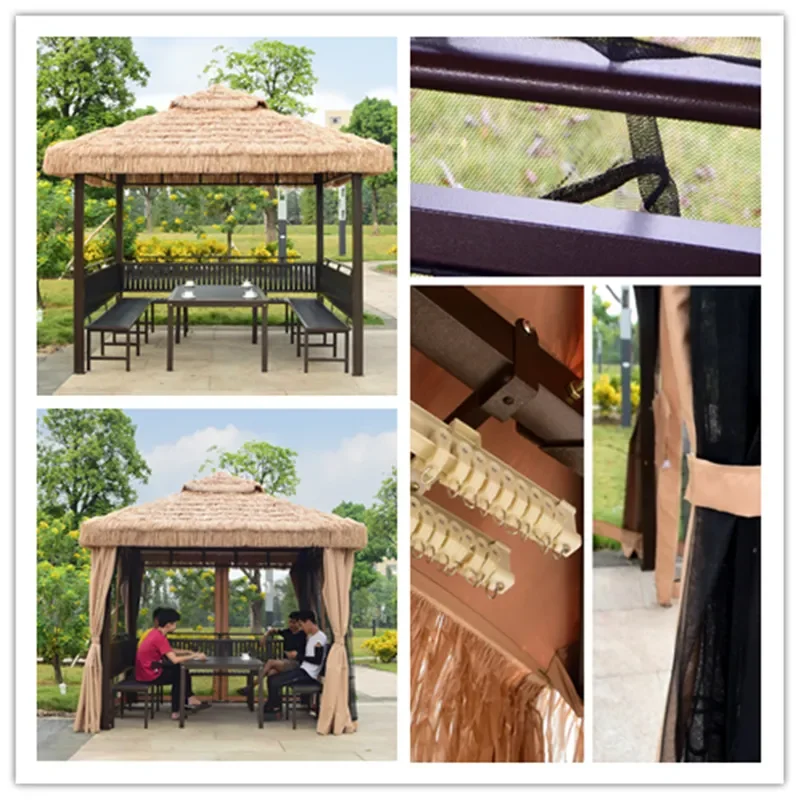 for Outdoor Thatched Pavilion Home Villa Courtyard Agritainment Straw Wrought Iron Four Corner Tent Shed