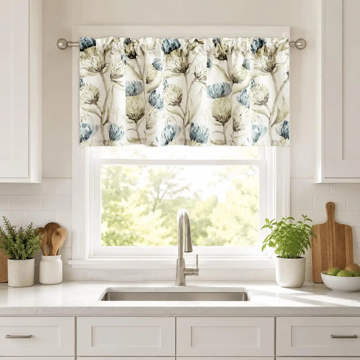 Country Style Greyish Blue Floral Valance Curtain, Rod Pocket Short Window Drape for Farmhouse Kitchen Garden Decoration 1 Panel