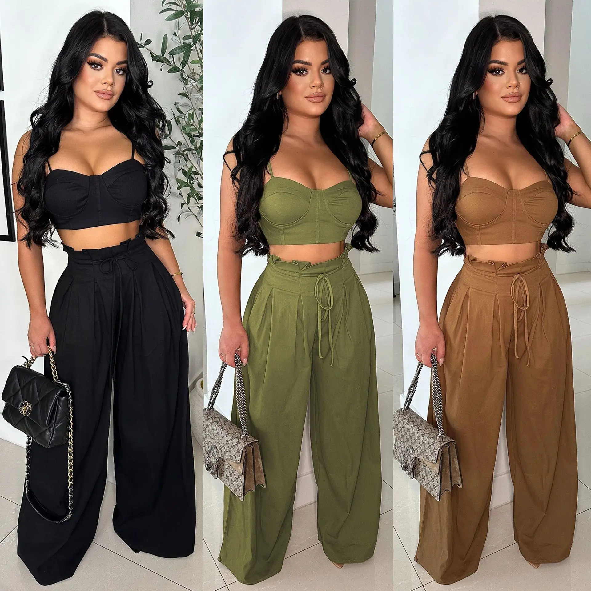 

Pant Set Women Two Piece Sets Sleeveless Strapless Tops Matching Sets Wide Leg Long Pants High Waist Y2k Streetwear Elegant