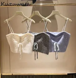 Kuzuwata Sweet Heavy Industry Soft Knit Sling Bead Elegant Casual All-match Drawstring Camis Japan New Fashion Temperament Tanks