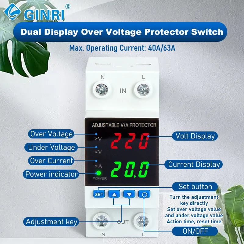 3PCS 63A 230V 2P Over Under Voltage Overcurrent Protection Electric Digital Voltage Protector Relay