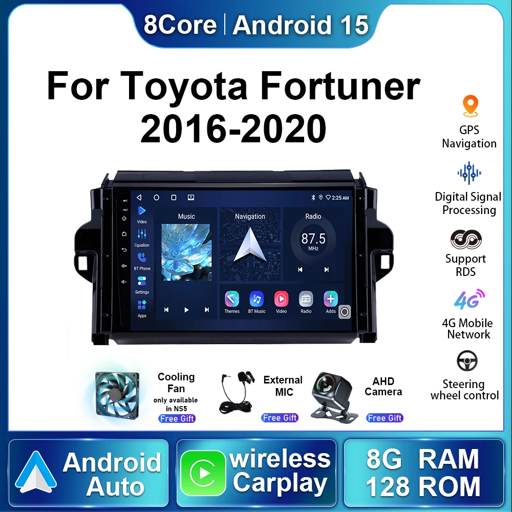 

Беспроводной Carplay для Toyota Fortuner 2 2016-2020 Android 15 авторадио автомобильный радиоприемник мультимедийный стерео видеоплеер навигация GPS