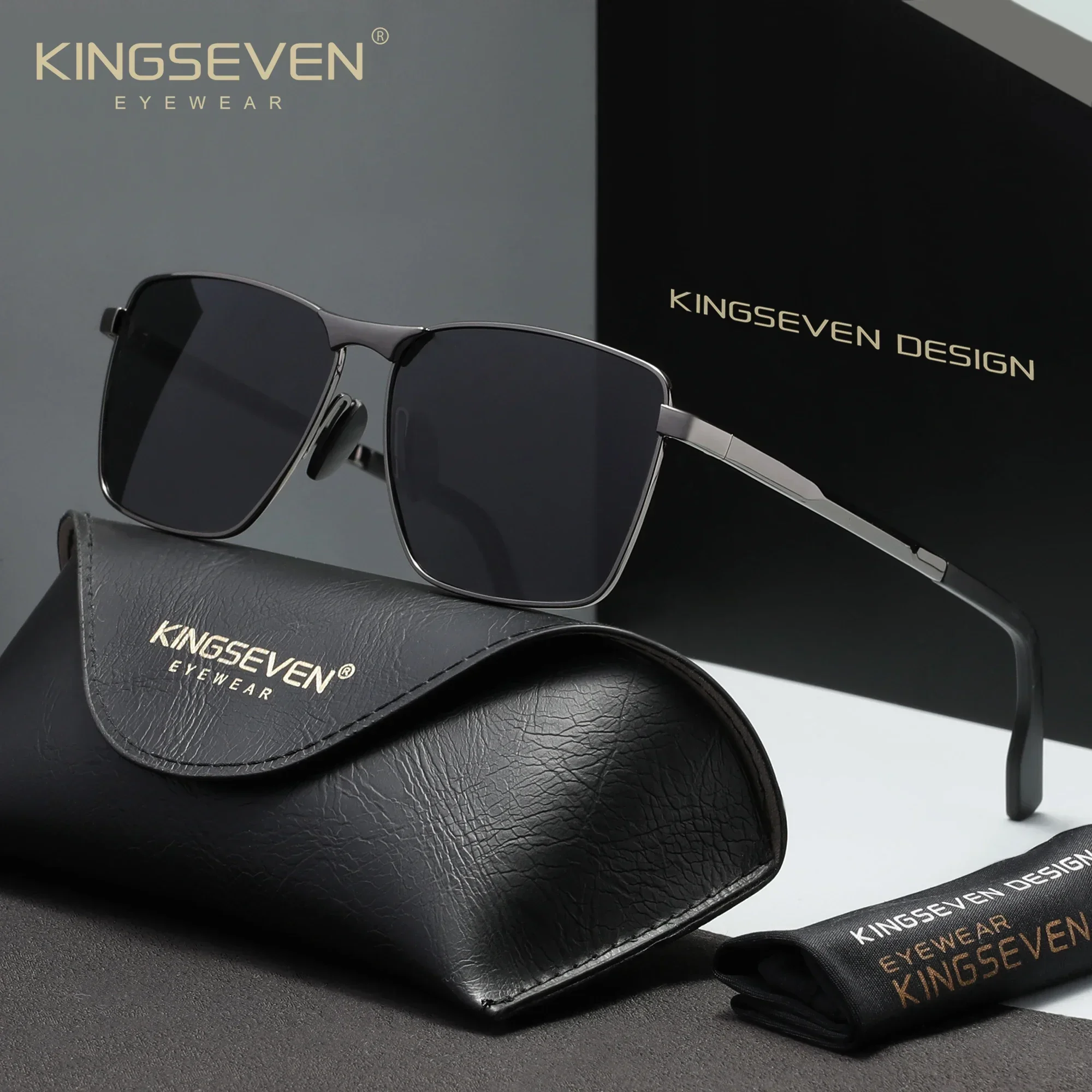 KINGSEVEN  Sunglasses Men Rectangle Alloy Frame Glasses Polarized UV400 Driving Eyewear