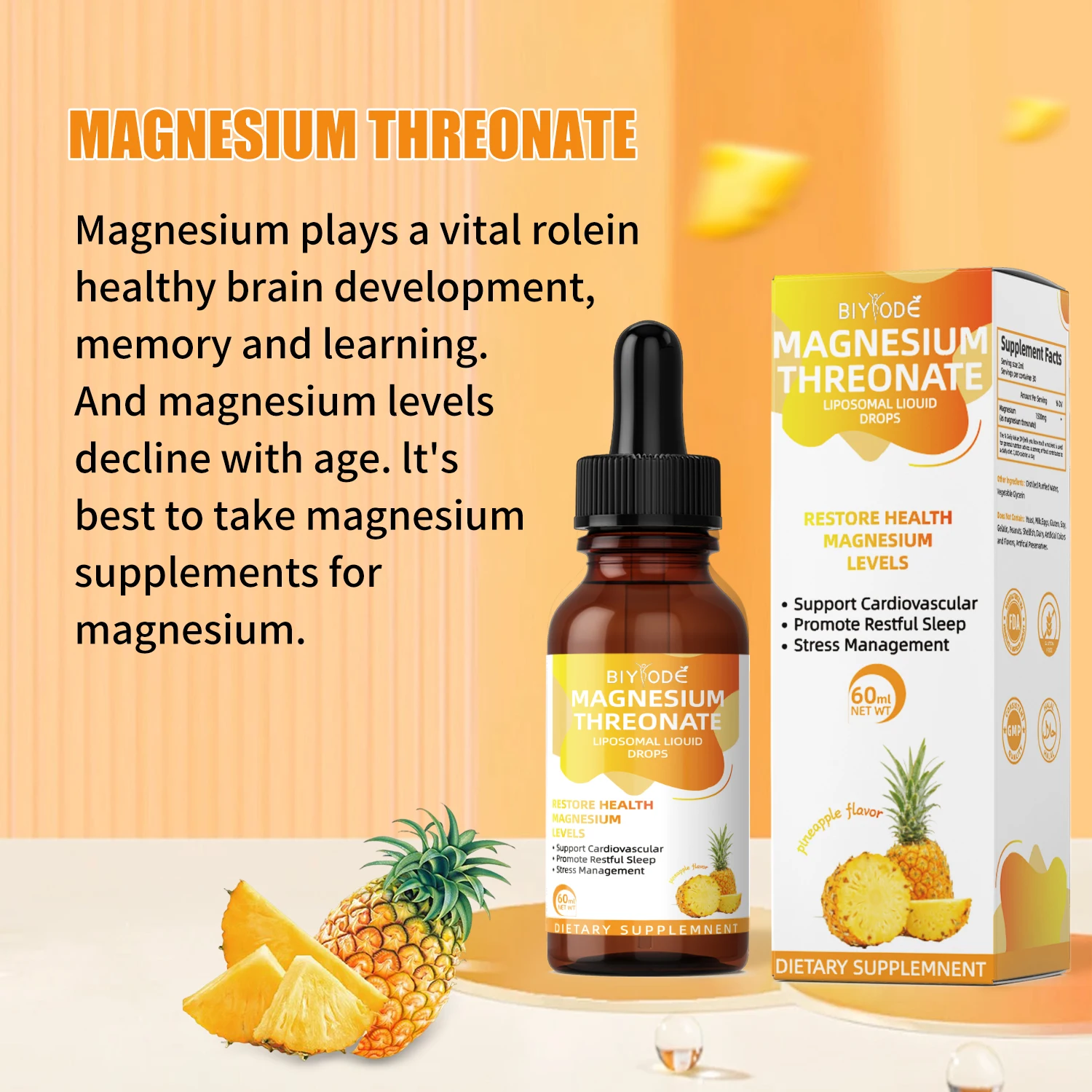Pineapple Flavored Magnesium Supplement 60ml 145g for Adult Cardiovascular Function Energy Metabolism Anxiety Depression Immunit
