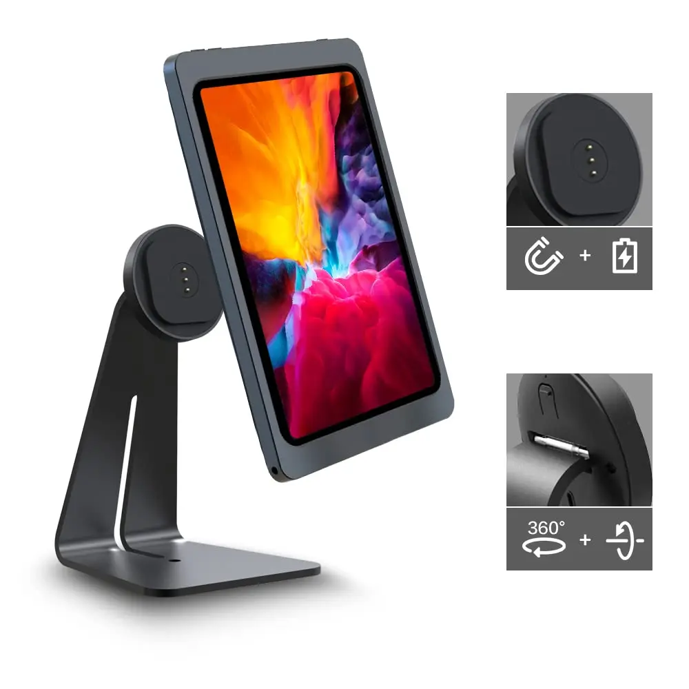 Classic L-Shape iPad Stand 18W Fast Charger 360-Degree Rotation 90-Degree Tilt Sturdy Metal Base Strong Magnets Stand Tablets PC