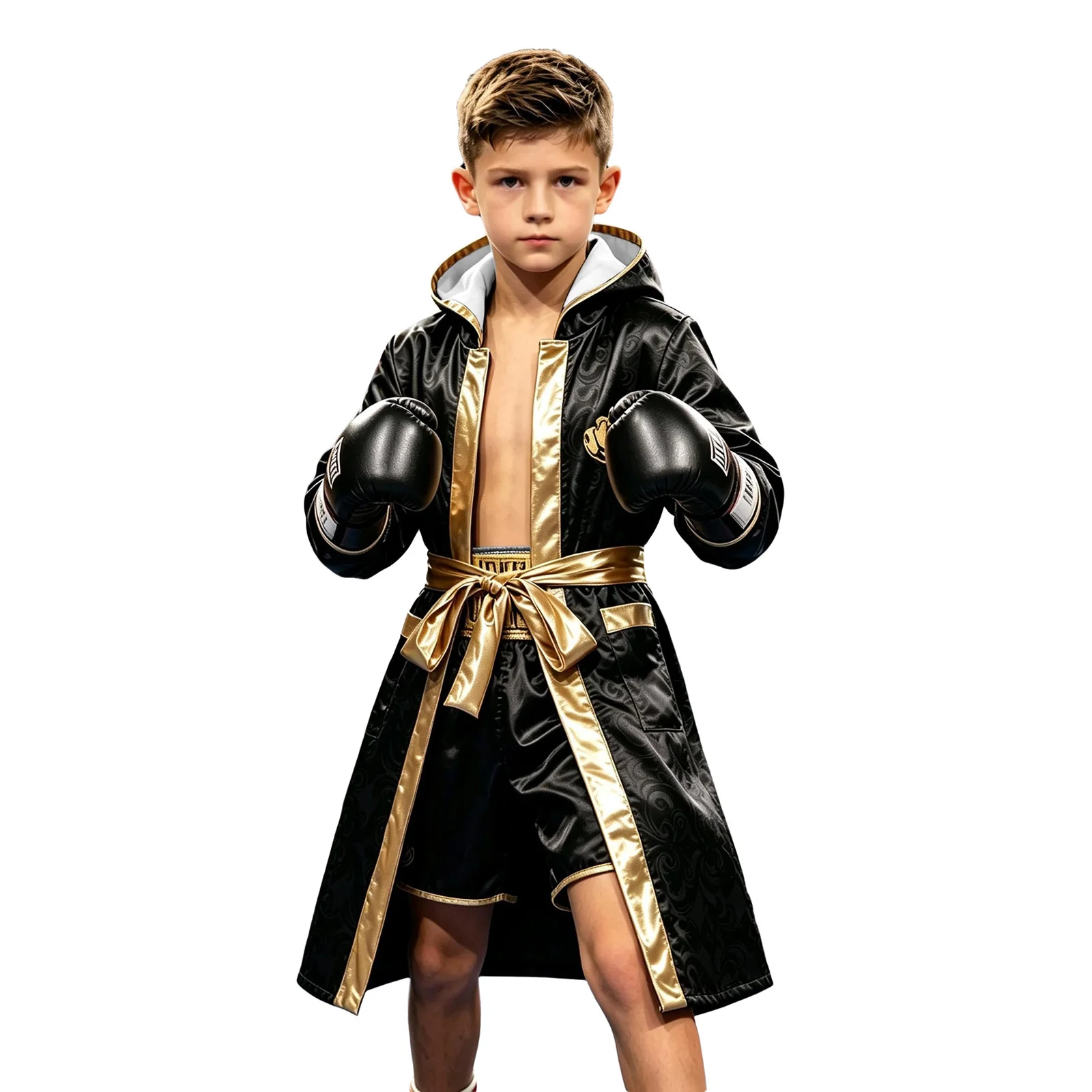Boxer-Kostüm für Jungen, Kinder-Boxer-Bademantel mit Kapuze, goldfarbener Gürtel, Boxer-Bademantel für Halloween-Party, Cosplay, Bühnenshow – Detail 5
