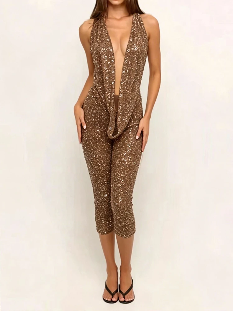 

Fashion Shinny Sequin Club Party Outfits Sexy Deep V Crop Top & Skinny Pant Set Women's Elegant Sleeveless Slim Long Pant Suits