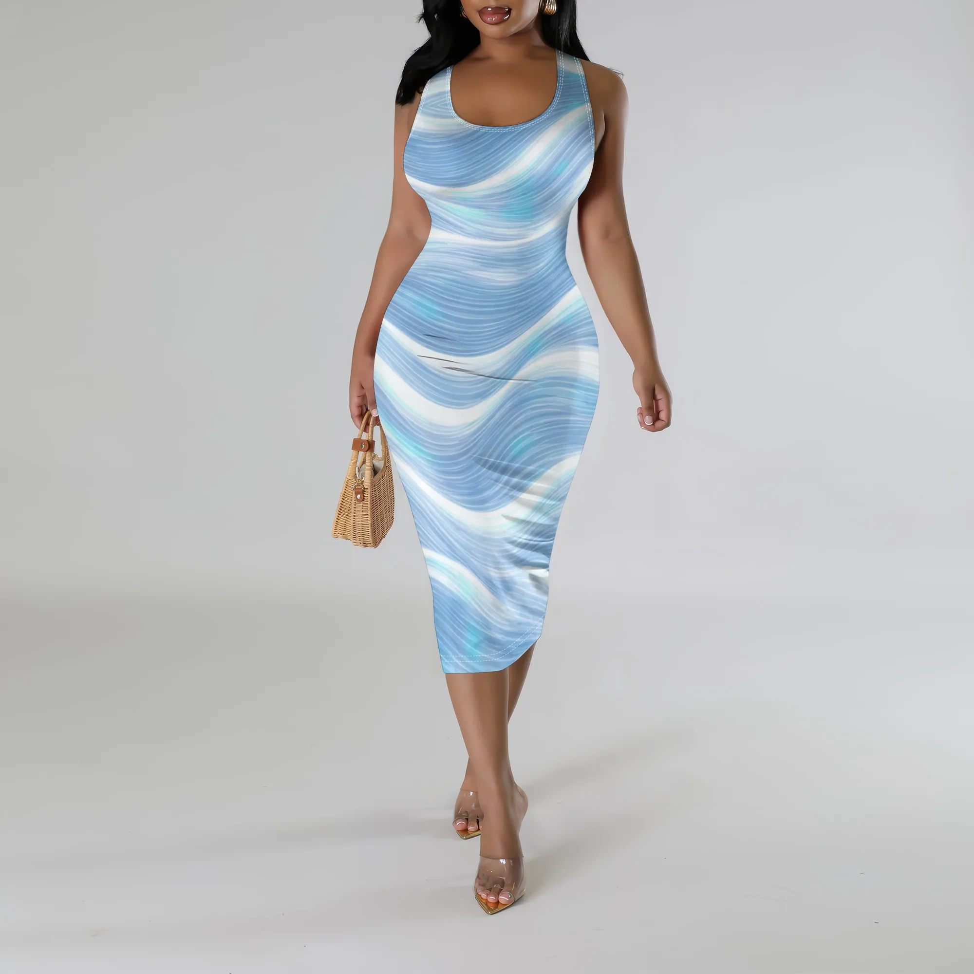 

Blue Wave Print Bodycon Midi Dress S-3XL Sleeveless U-Neck Style for Beach Vacation, Summer Party or Streetwear Look