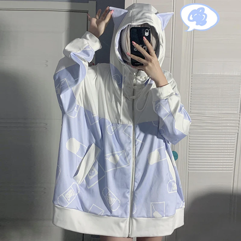 Subculture Y2k stitch Hoodies Girl Japanese Cute Oversized Cat Ear Blue Sweatshirts with Blue Casual Hoodie Women Fleece Coat