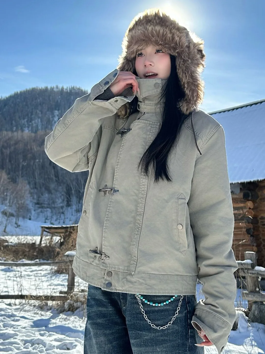 

Retro American Sle Fce Lined Thiened Cotton Jaet Men's Winter Warm Coat Vintage Aircrt Bule Workwear Casual Hoodie