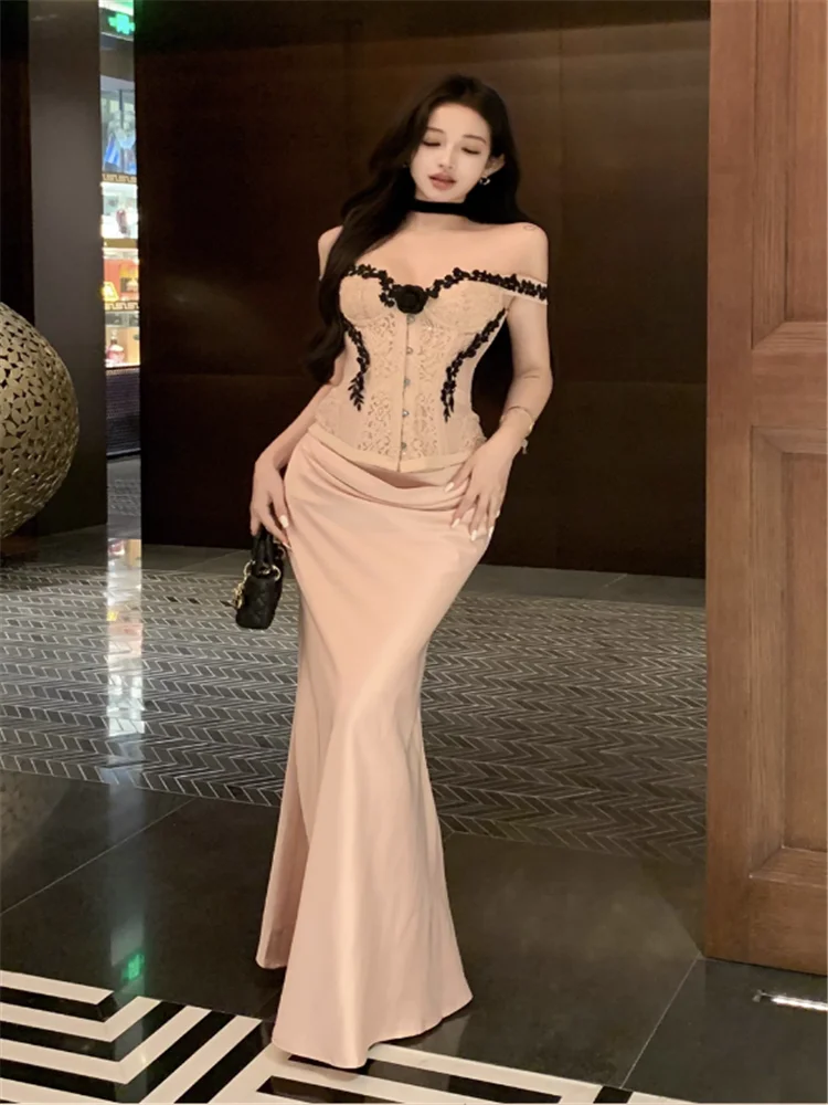 Set di abiti in due pezzi da donna rosa stile palazzo francese Set di camicette in pizzo con spalle scoperte da 2 pezzi per celebrità vintage + set di gonne lunghe sottili a vita alta