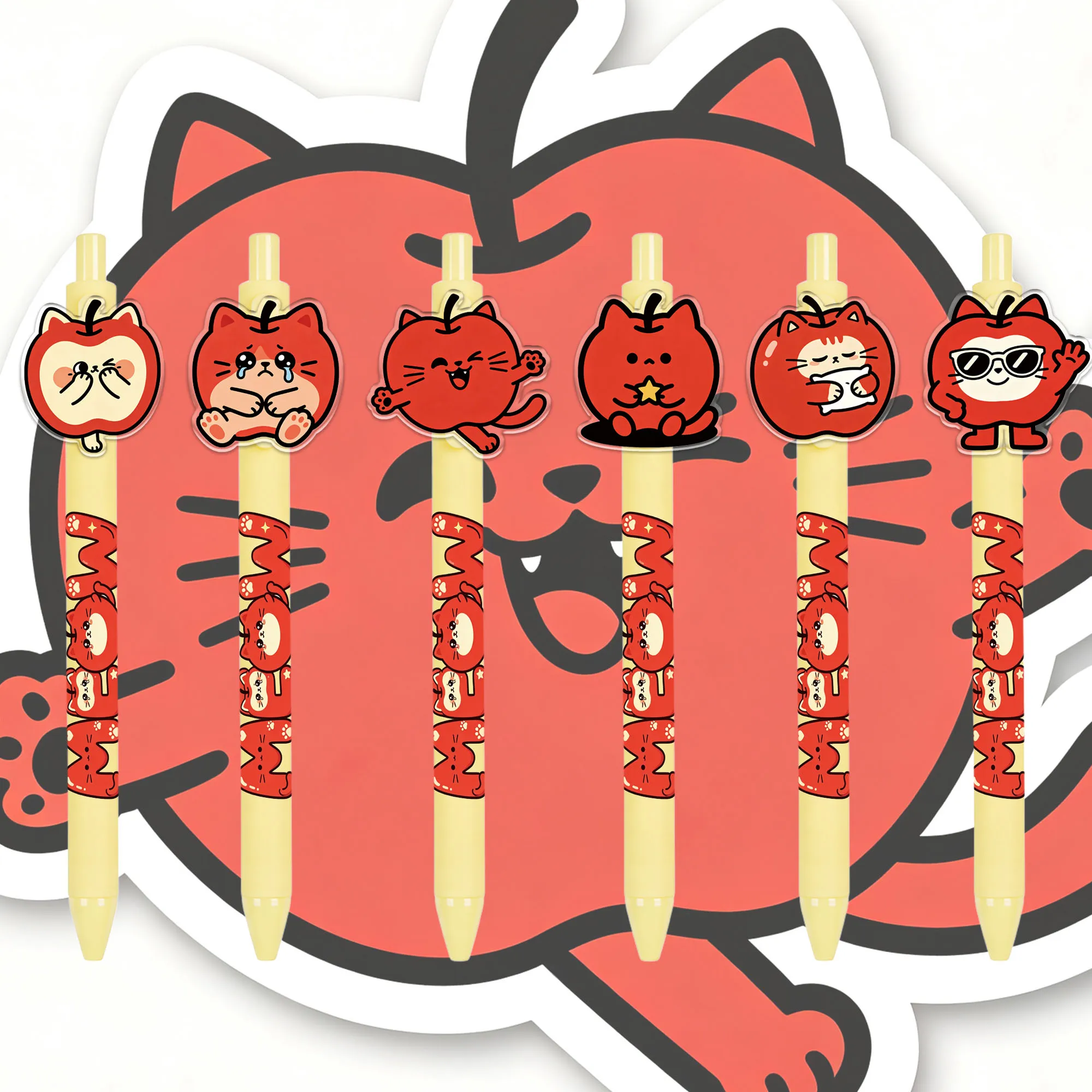 6PCS/12PCS Apple kitten press the ballpoint pen to smoothly brush the question pen with random patterns
