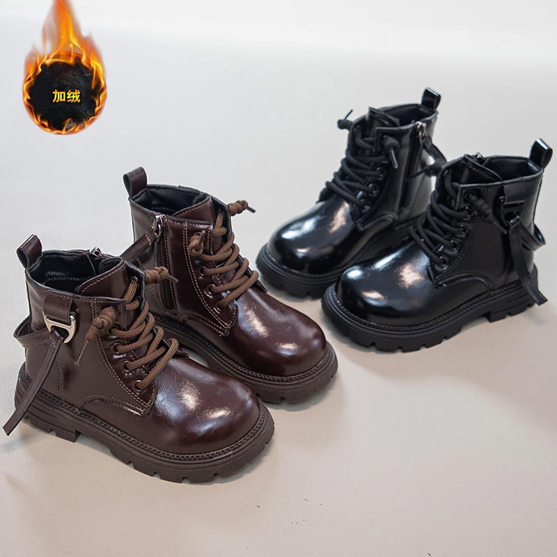 

Kids Leather Boots for Girls 2025 New Winter Kids Riding Boots Non-slip Plush Lining Simple Retro School Christmas Party Boots