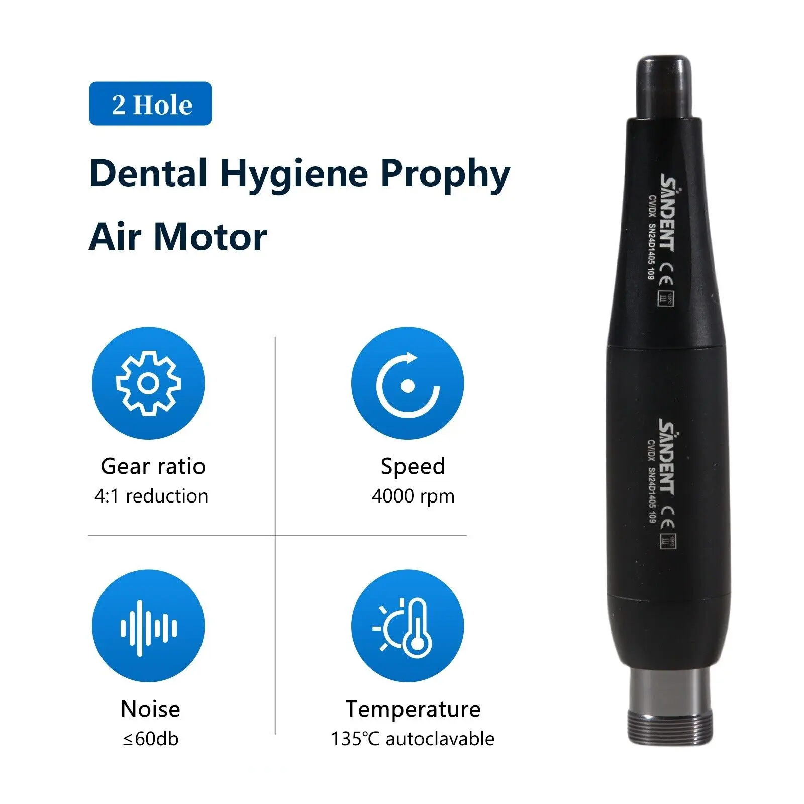 Dental Hygiene Prophy Handpiece Air Motor 2 Hole + 4:1 Straight Nose Cone 360° Swivel Fit Nsk