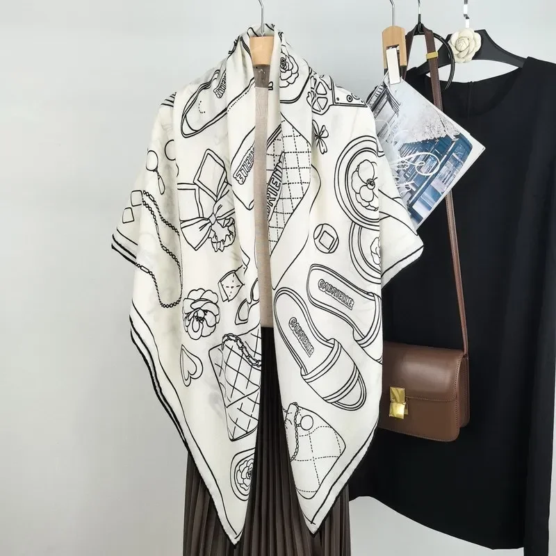 High-end Elegant Women Exquisite Ornate Accessories Double-sided Print Quality Silk Wool Hand-rolled Edge Big Square Scarf Shawl