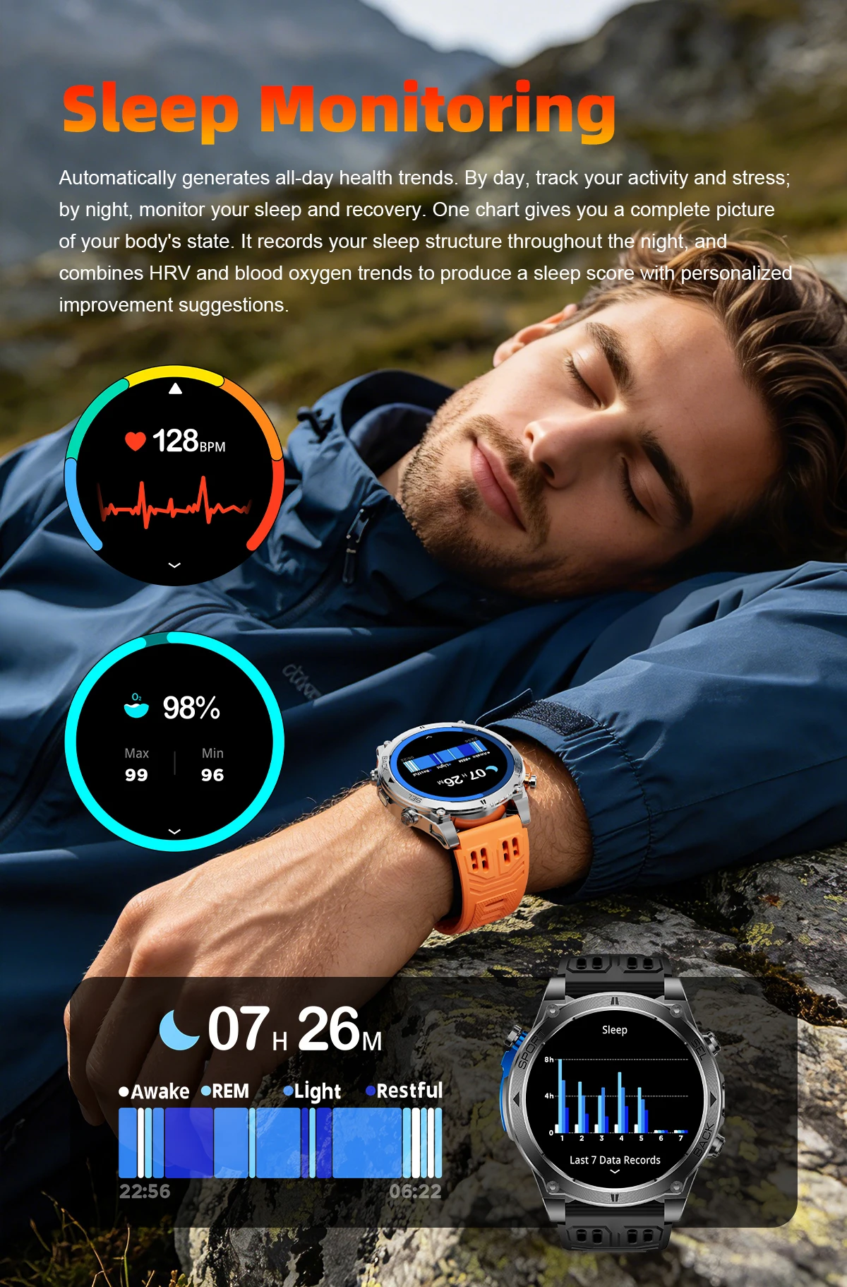 Neue T-RX 4 Militär-GPS-Smartwatch für Herren, 6 Satelliten, präzise Positionierung, 10 ATM wasserdicht, HD-Anruf, 170+ Sportmodi, LED-Taschenlampe – Detail 16