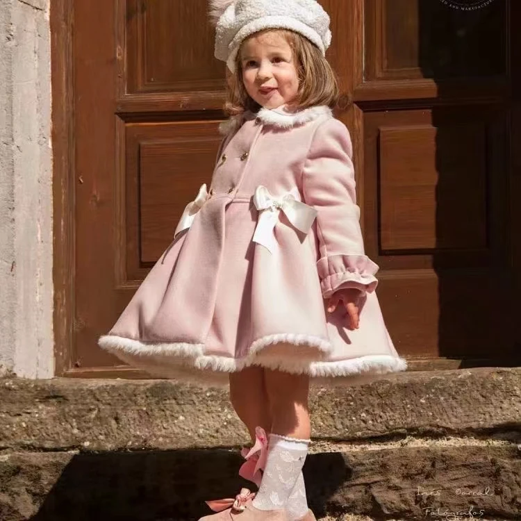 1-12Y Baby Girl Autumn Winter Handmand Customized Palace England Spanish Pink Princess Wool Coat for Casual