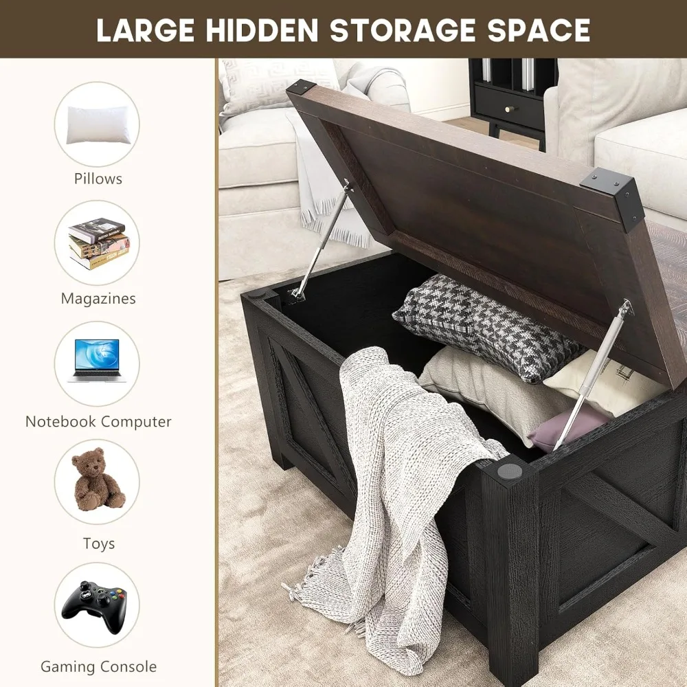 Farmhouse Lift Top Coffee Table with Storage, Wood Square Center Table with Charging Station&USB Port, Living Room Table w/Large