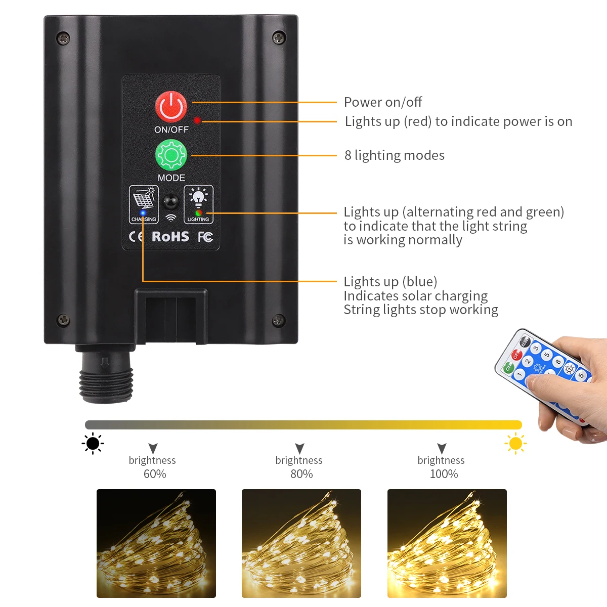 Built-in Large Capacity Battery Solar Outdoor Led String Lights Waterproof Durable Garden Lamp for Camping Wedding Birthday Part
