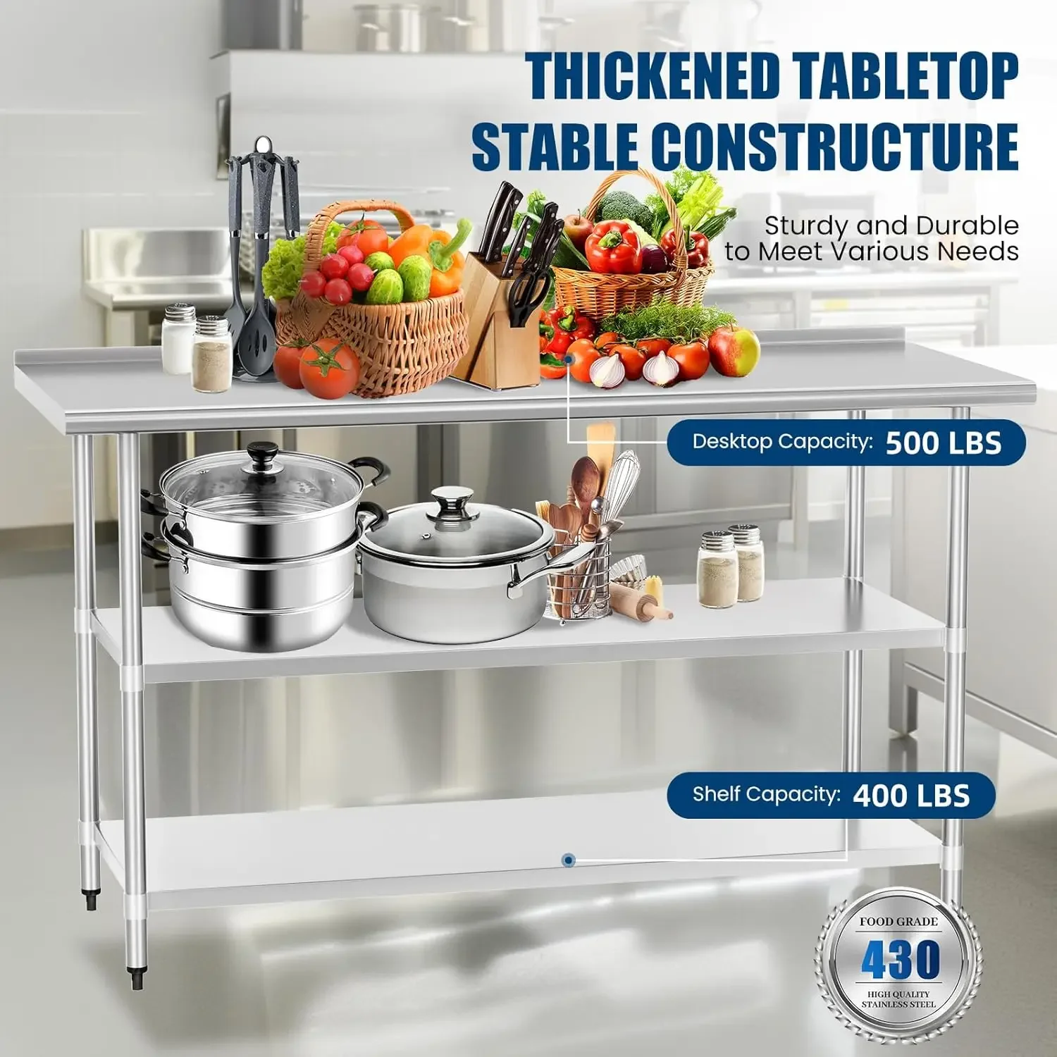 Steel Table 24 x 60 Inches Metal Work Table with 2 Adjustable Undershelves & Backsplash for Commercial Kitchen, Outdoo